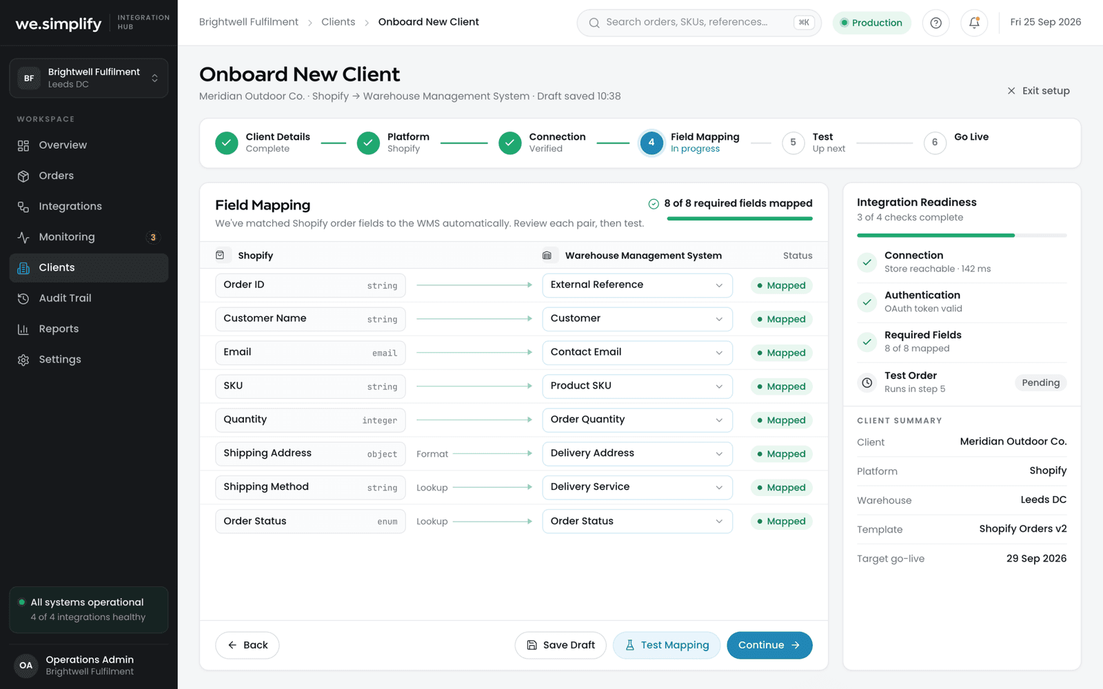 Client onboarding wizard mapping Shopify order fields to the warehouse management system